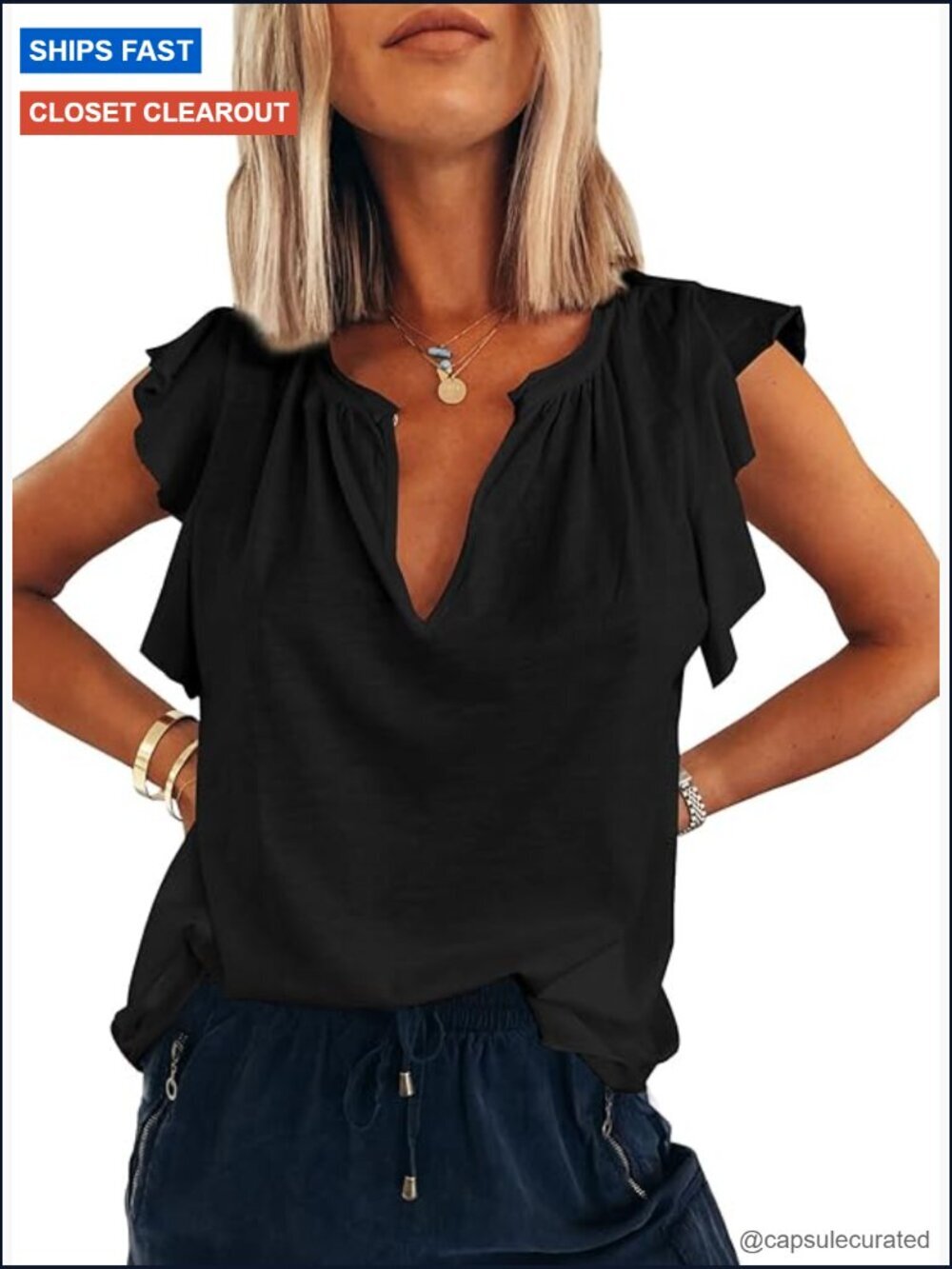 V Neck Ruffle Sleeve Tank Top - Summer Blouse